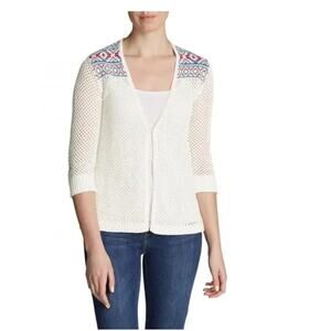 Eddie Bauer White Open Knit Cardigan Sweater w/ Multicolor Fair Isle Sz Large